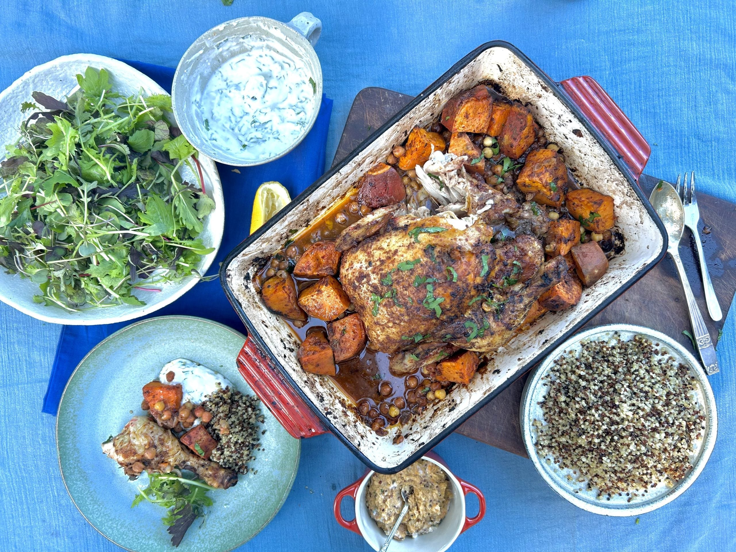 Roast chicken with chickpeas, sweet potato and herbed yoghurt