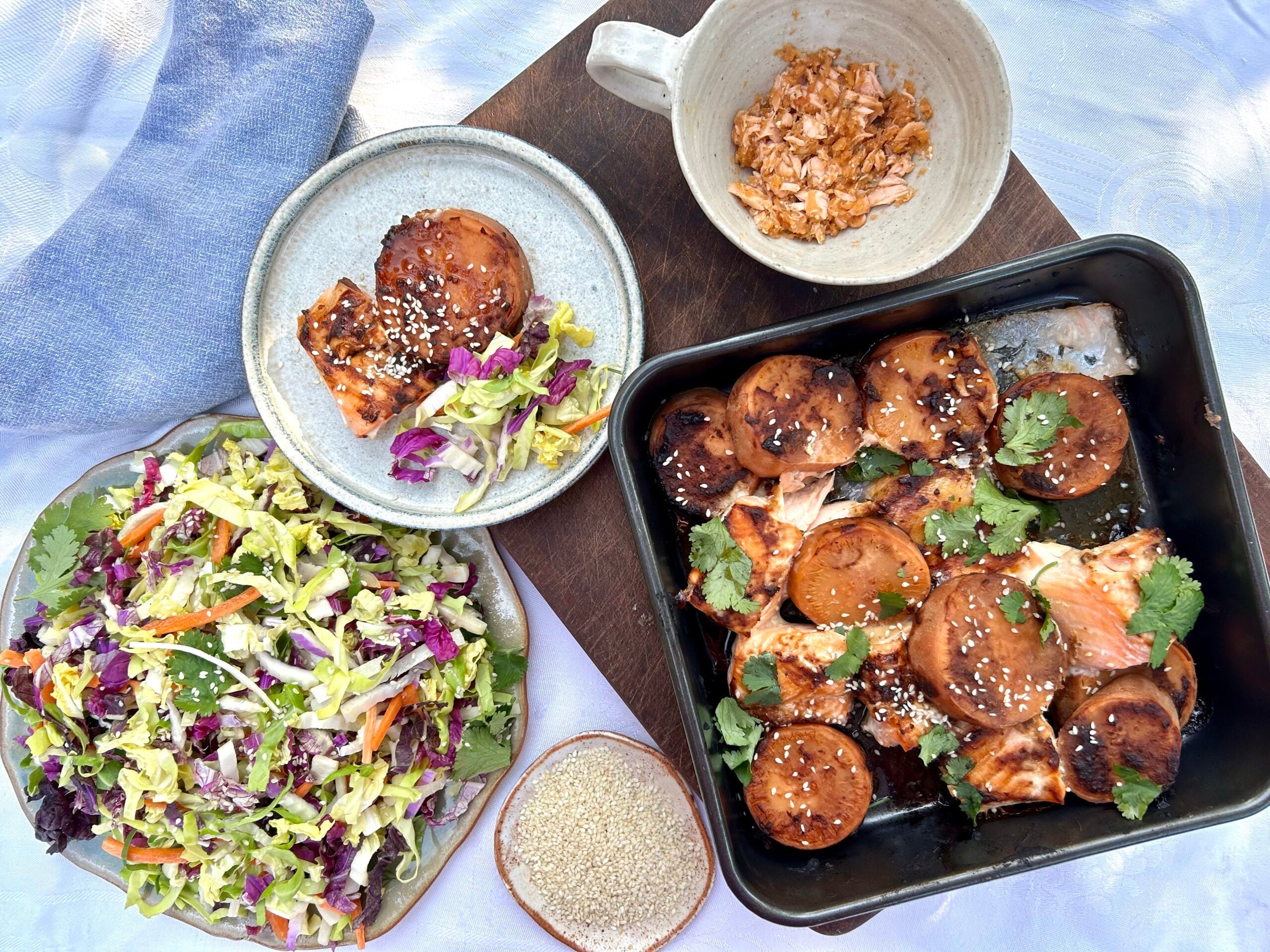 Miso baked trout and sweet potato with winter slaw
