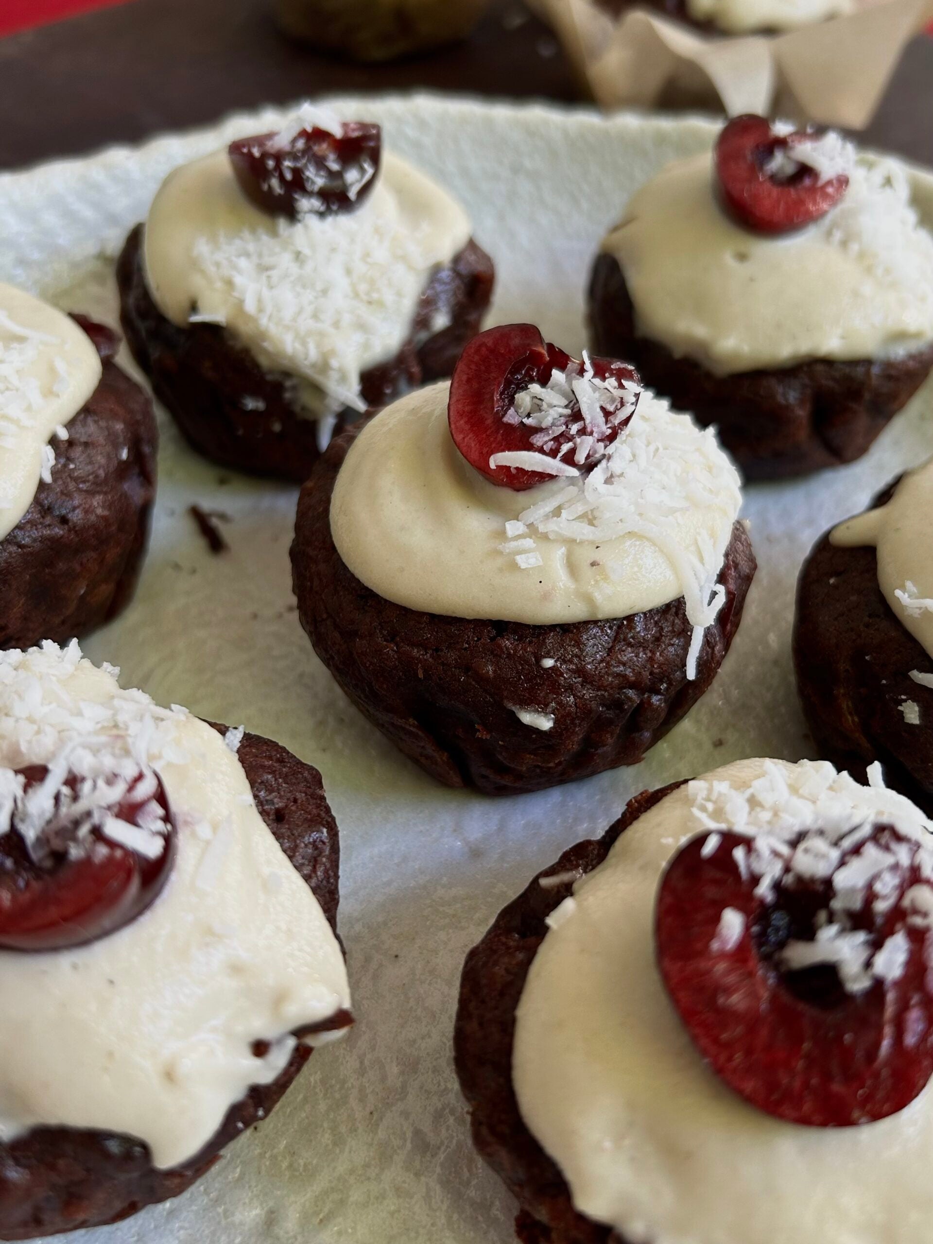 Chocolate and cherry Christmas muffins with cashew cream