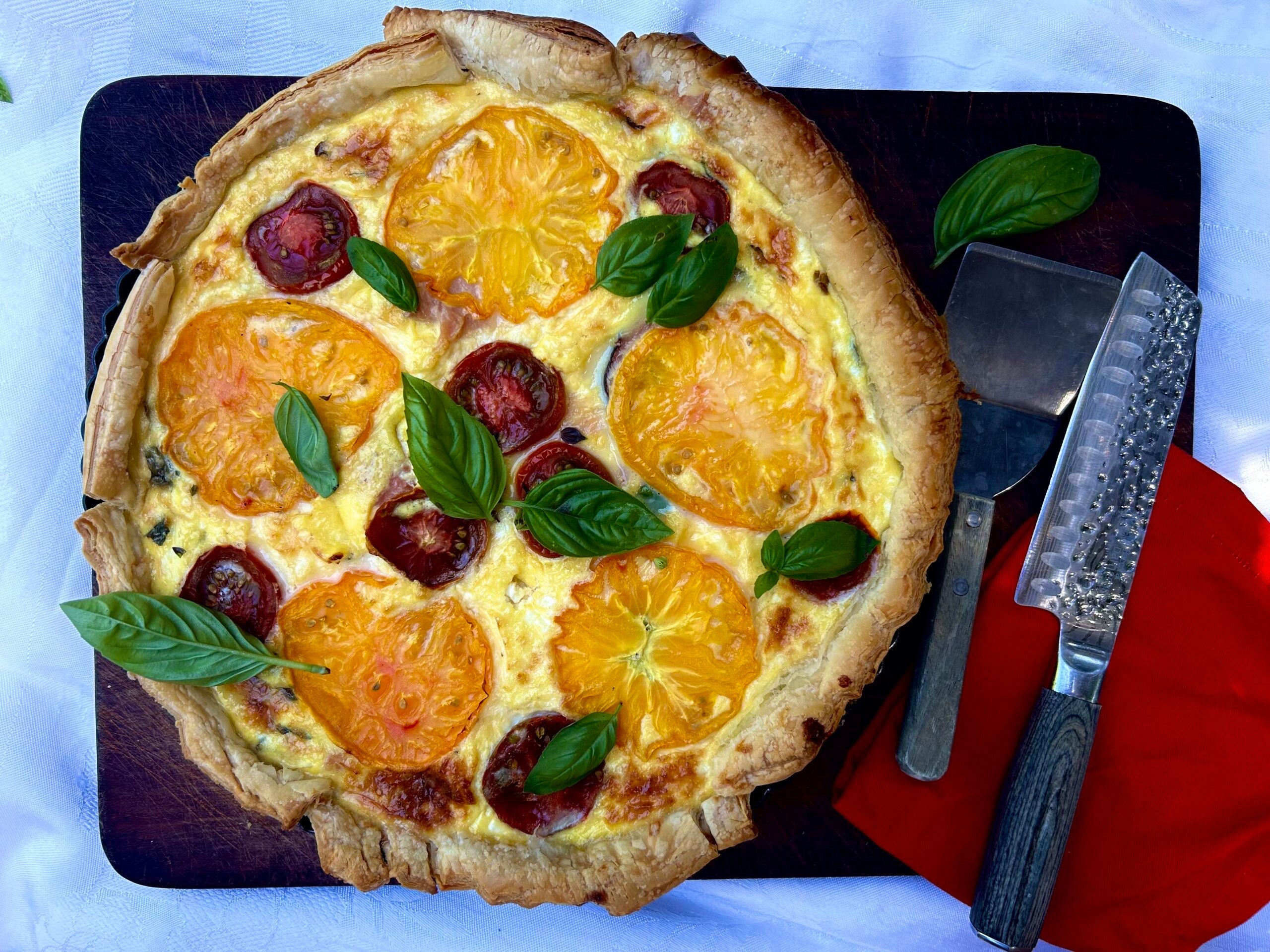 Christmas ham, cheese and tomato tart