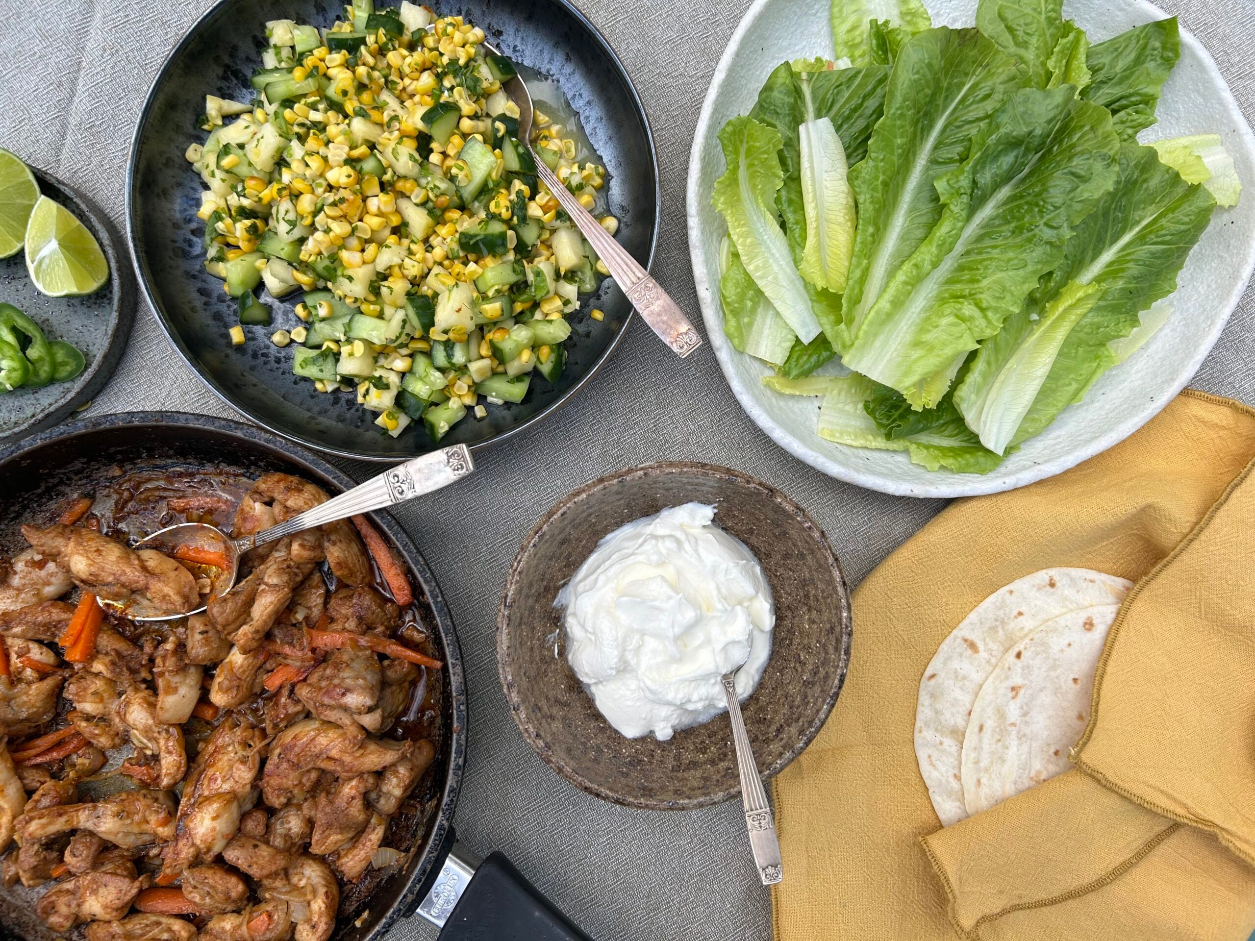 Chicken fajitas with pineapple, corn and cucumber salsa