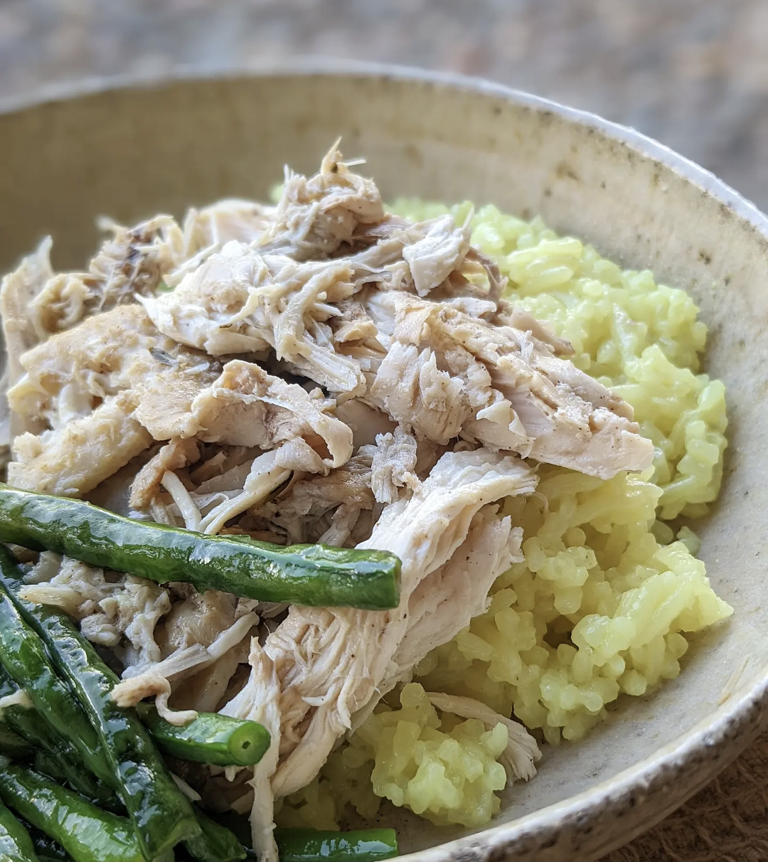 SHREDDED JERK CHICKEN WITH COCONUT RICE &amp; GREEN BEANS
